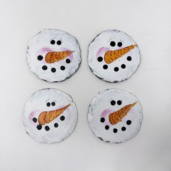 Snowman Face Hand Painted Slate Coasters Set of 4 Folk Whimsical Handcrafted - Picture 10 of 10
